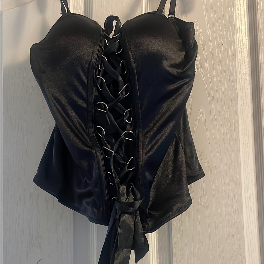 Halloween Spirit store Black Bustier Tie Front Bodysuit